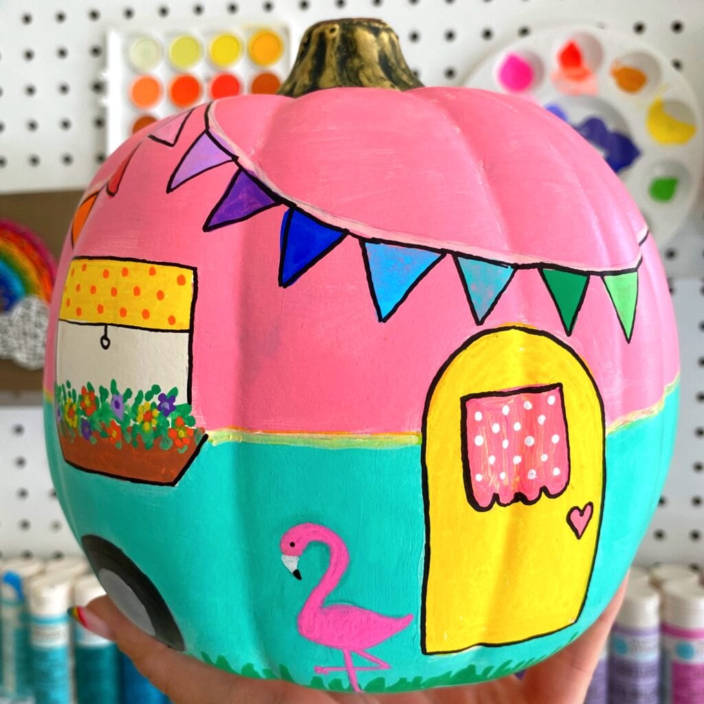 Camper Pumpkin Tutorial - Completed project with a camper painted on a pumpkin in bright colors