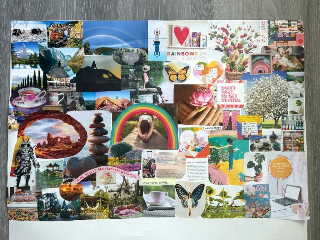Completed vision board featuring a variety of magazine clippings and other elements to help with goal setting