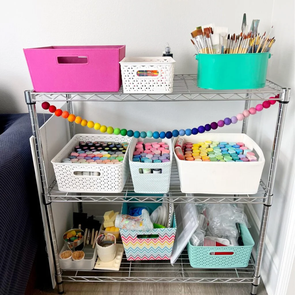 Organized craft supplies inside storage baskets