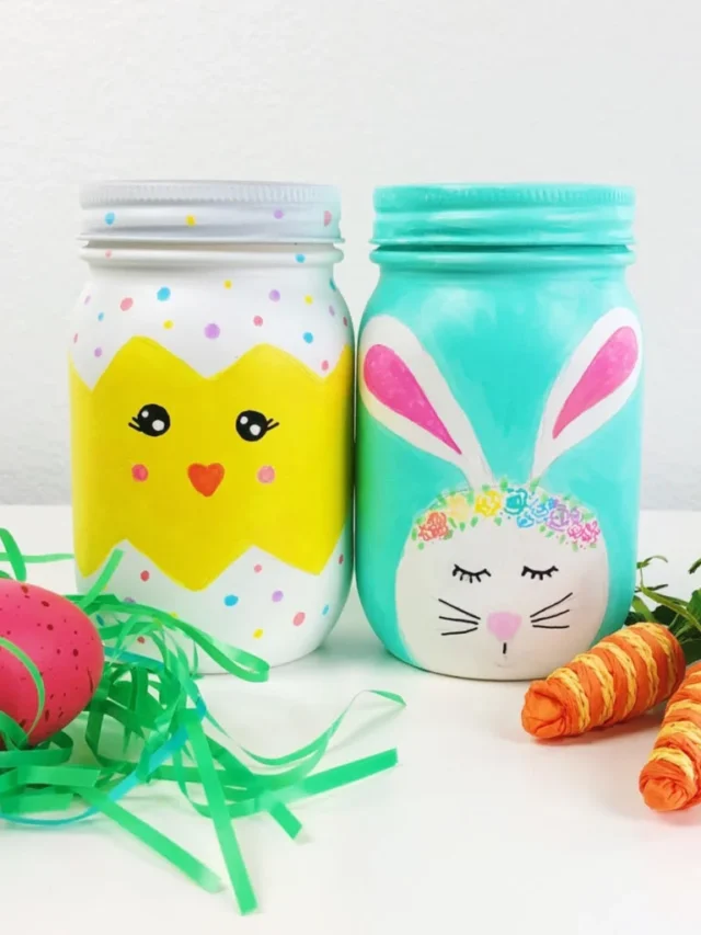 BUNNY AND CHICK PAINTED MASON JARS